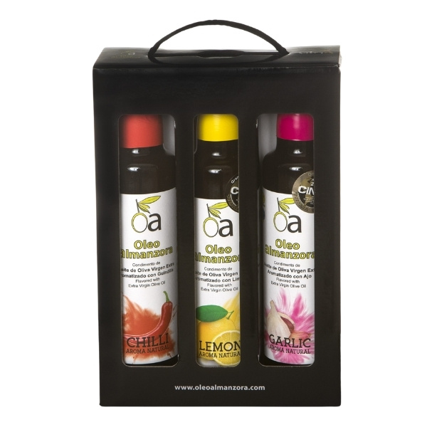 250ML Estuche Condimento de Aceite Oliva con (Ajo, Limón y Guindilla)